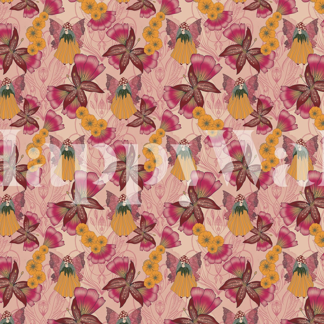 Vintage pink floral wallpaper featuring bright blooms and delicate leaves