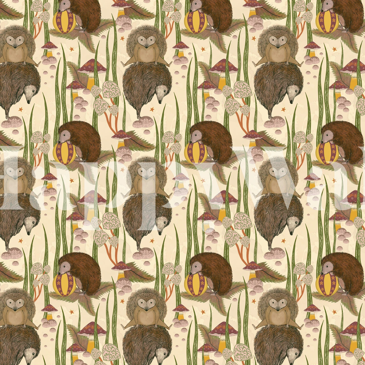 Cute hedgehogs and owls among mushrooms and grass on cream wallpaper
