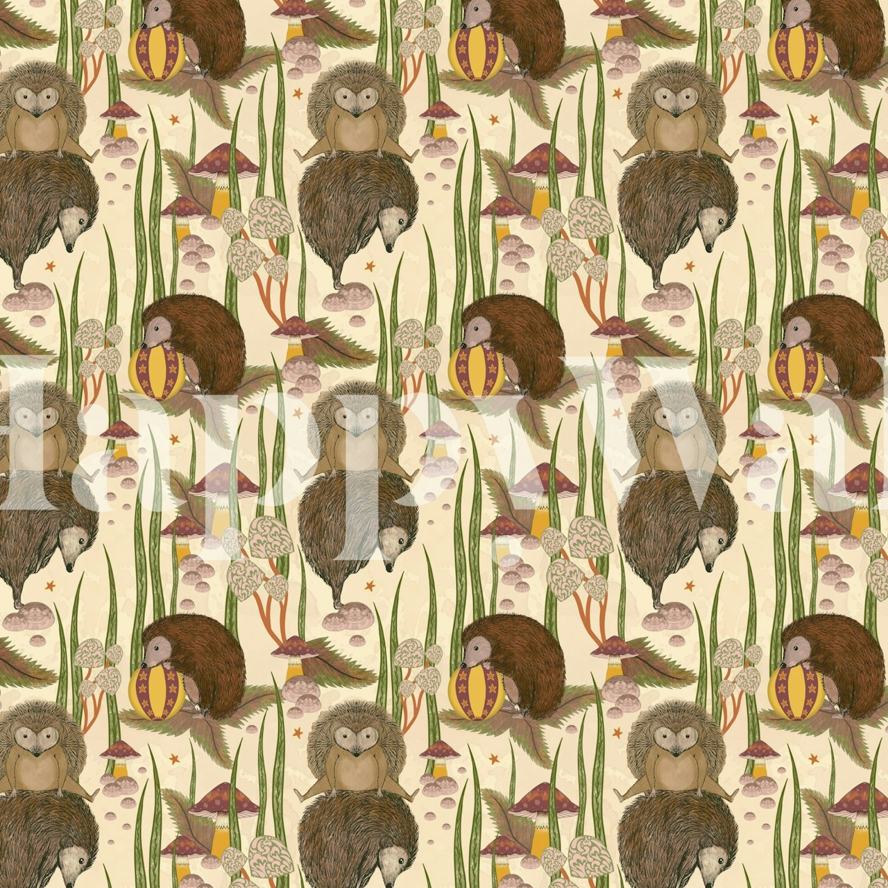Cute hedgehogs and owls among mushrooms and grass on cream wallpaper