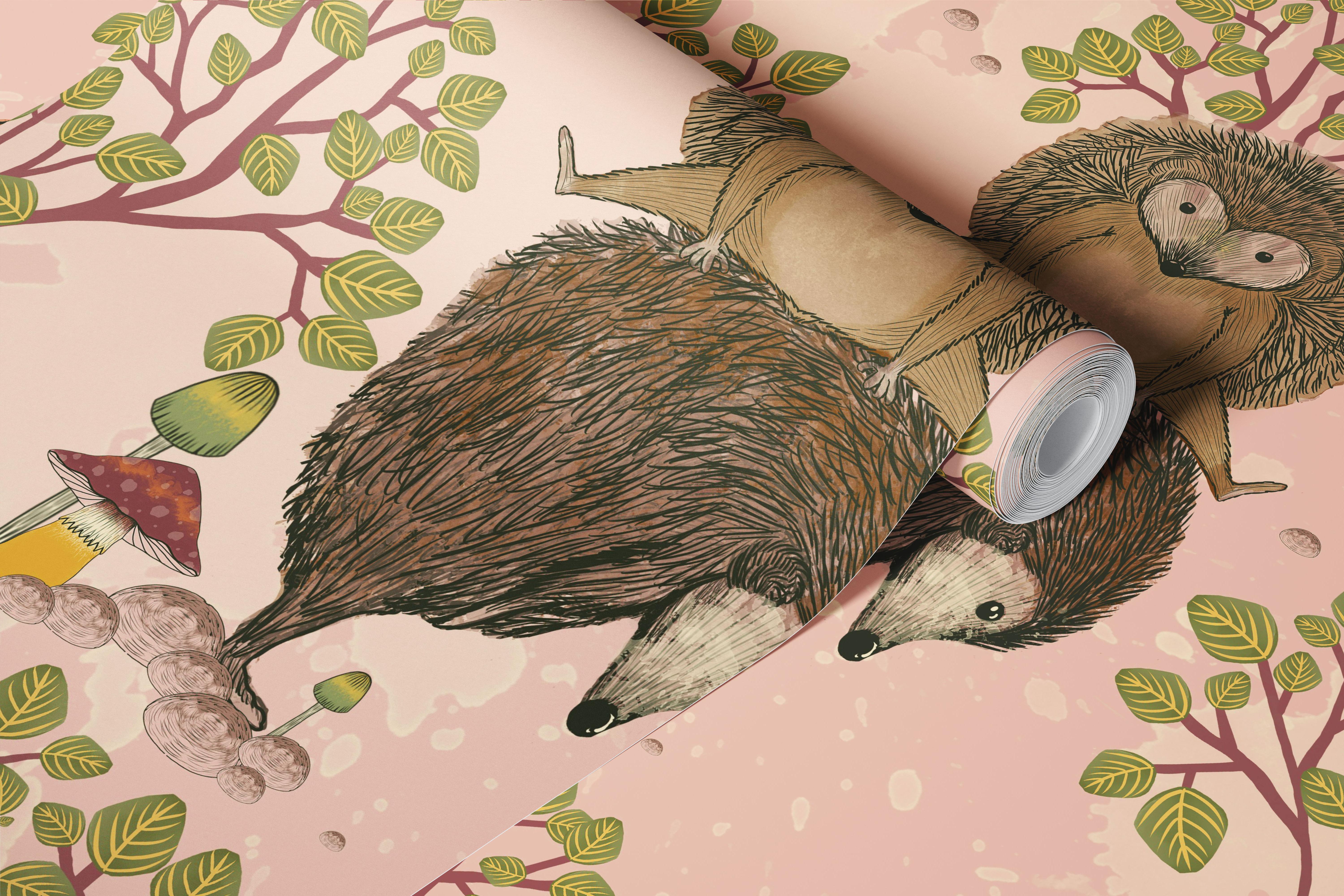 Hoppy Hedge Pink wallpaper displayed in a room