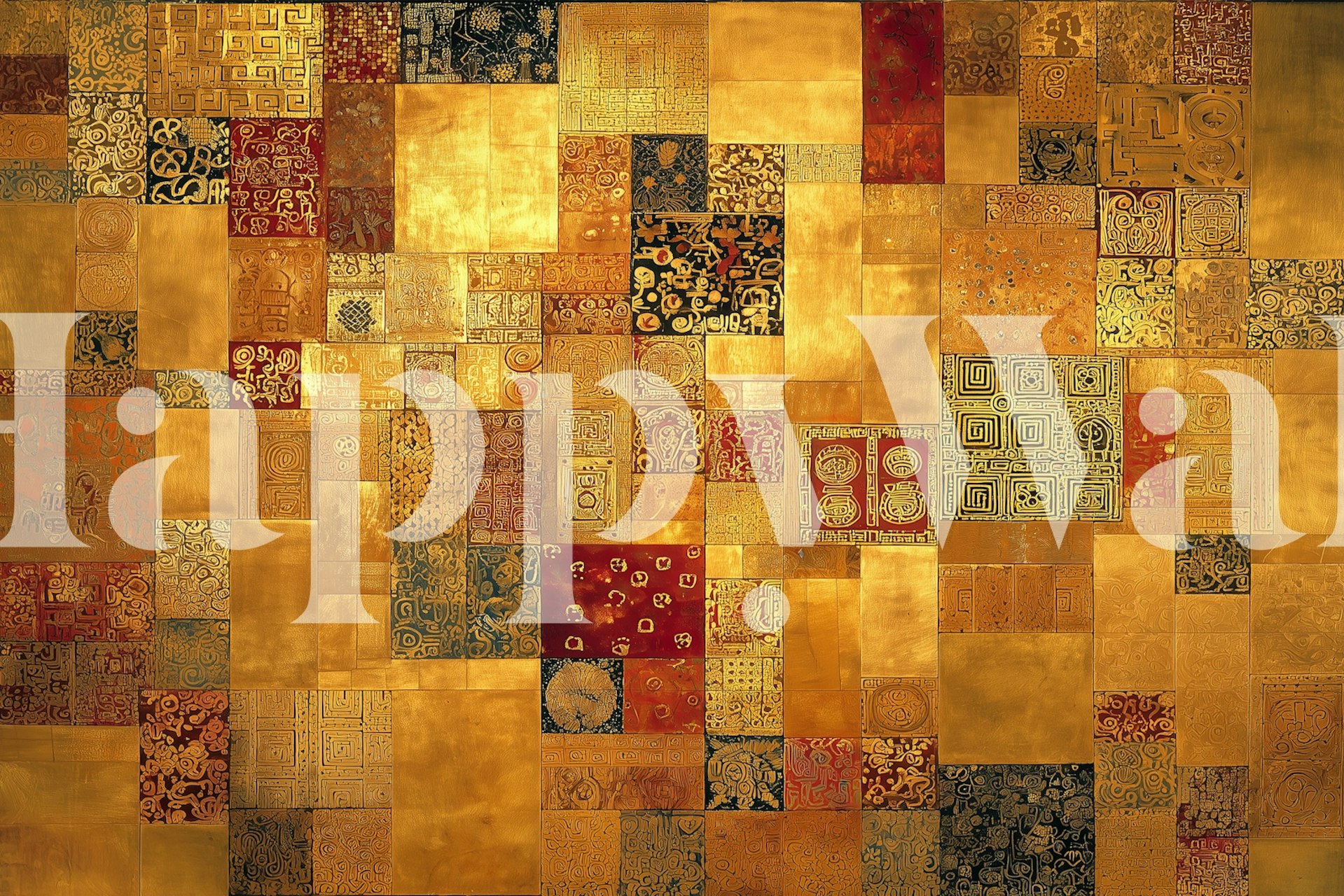 Golden geometric mosaic wallpaper in a room