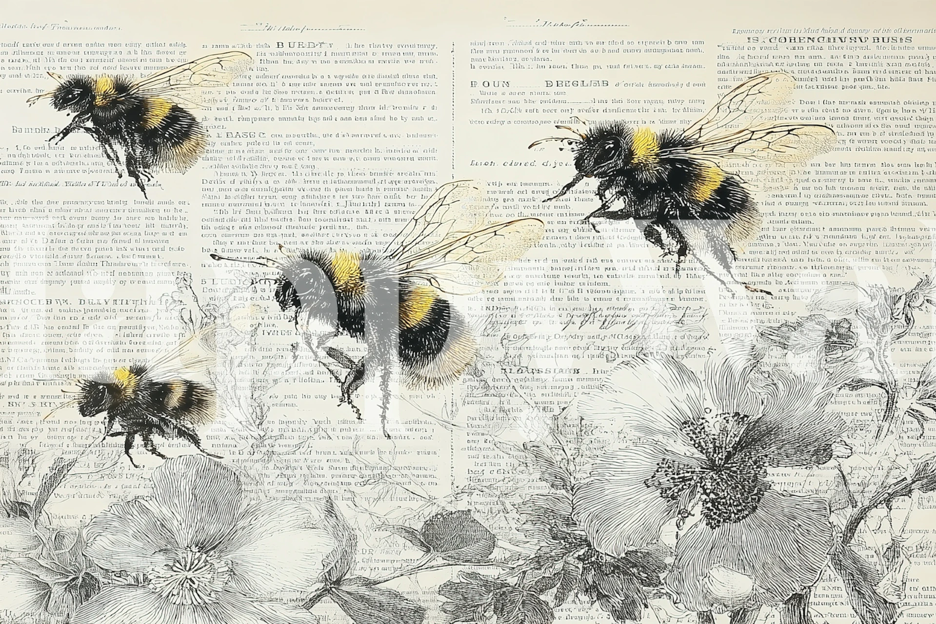 Bees and Blossoms Vintage wallpaper in een kamer