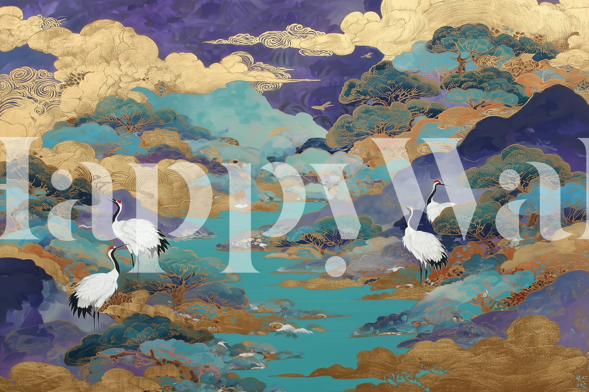 Elegant Crane and Cloud Landscape wallpaper in a room