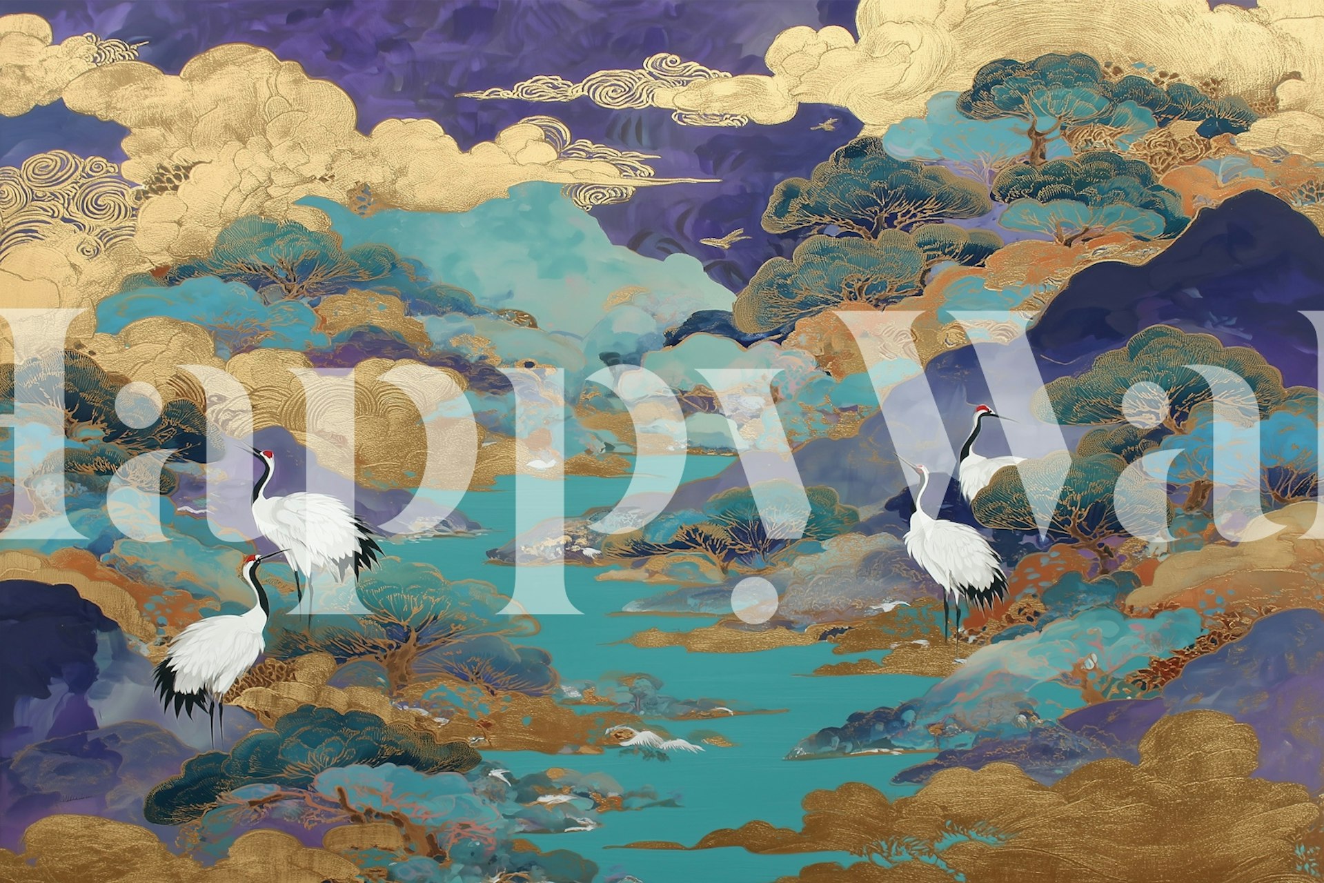 Elegant Crane and Cloud Landscape behang in een kamer