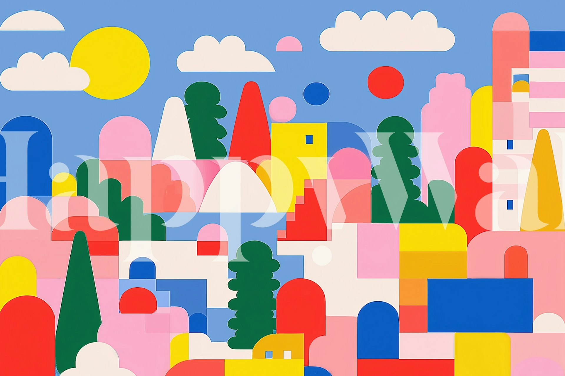 Colorful abstract cityscape with blue, pink, red, and green shapes wallpaper