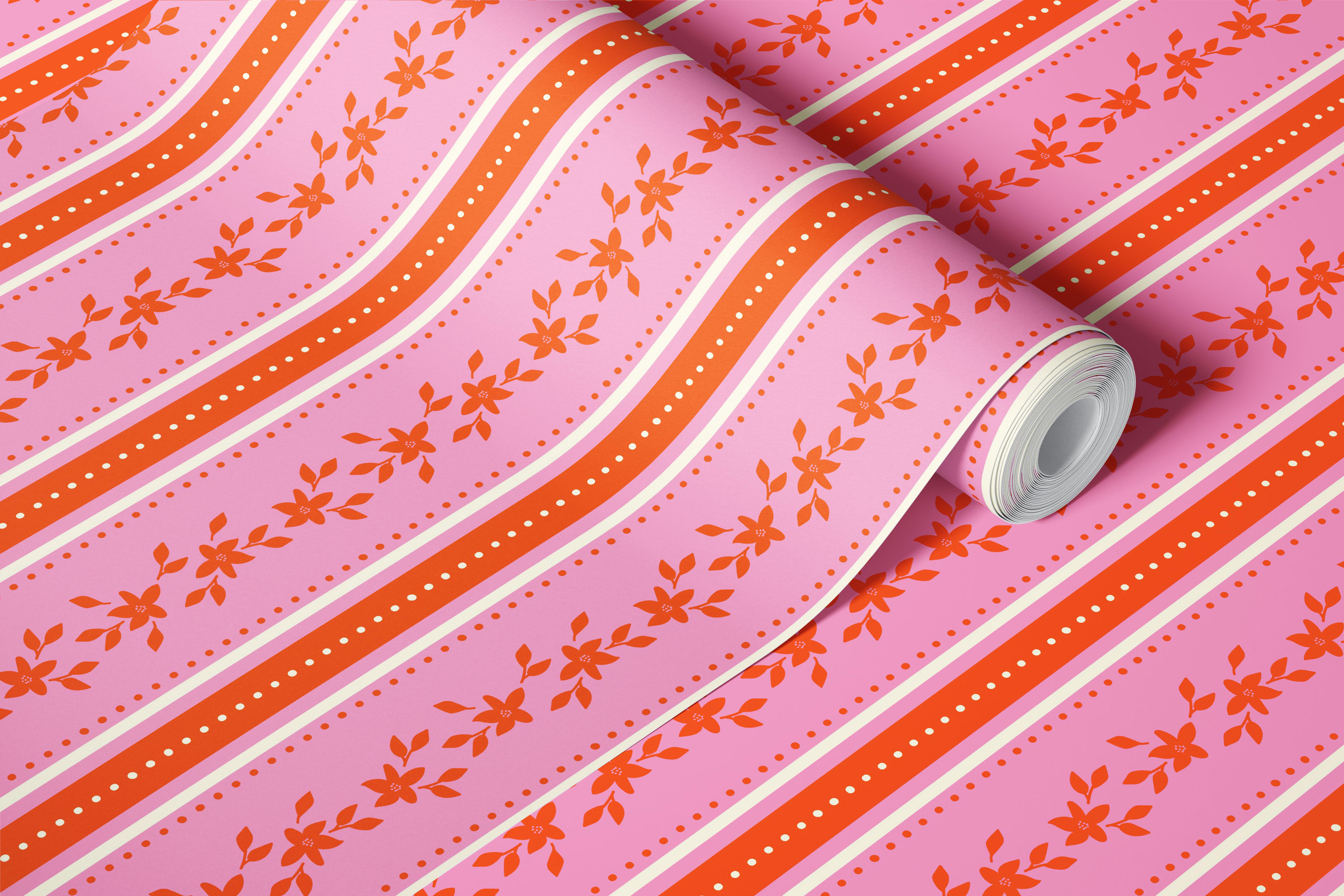 Pink and red floral stripes with white polka dots wallpaper