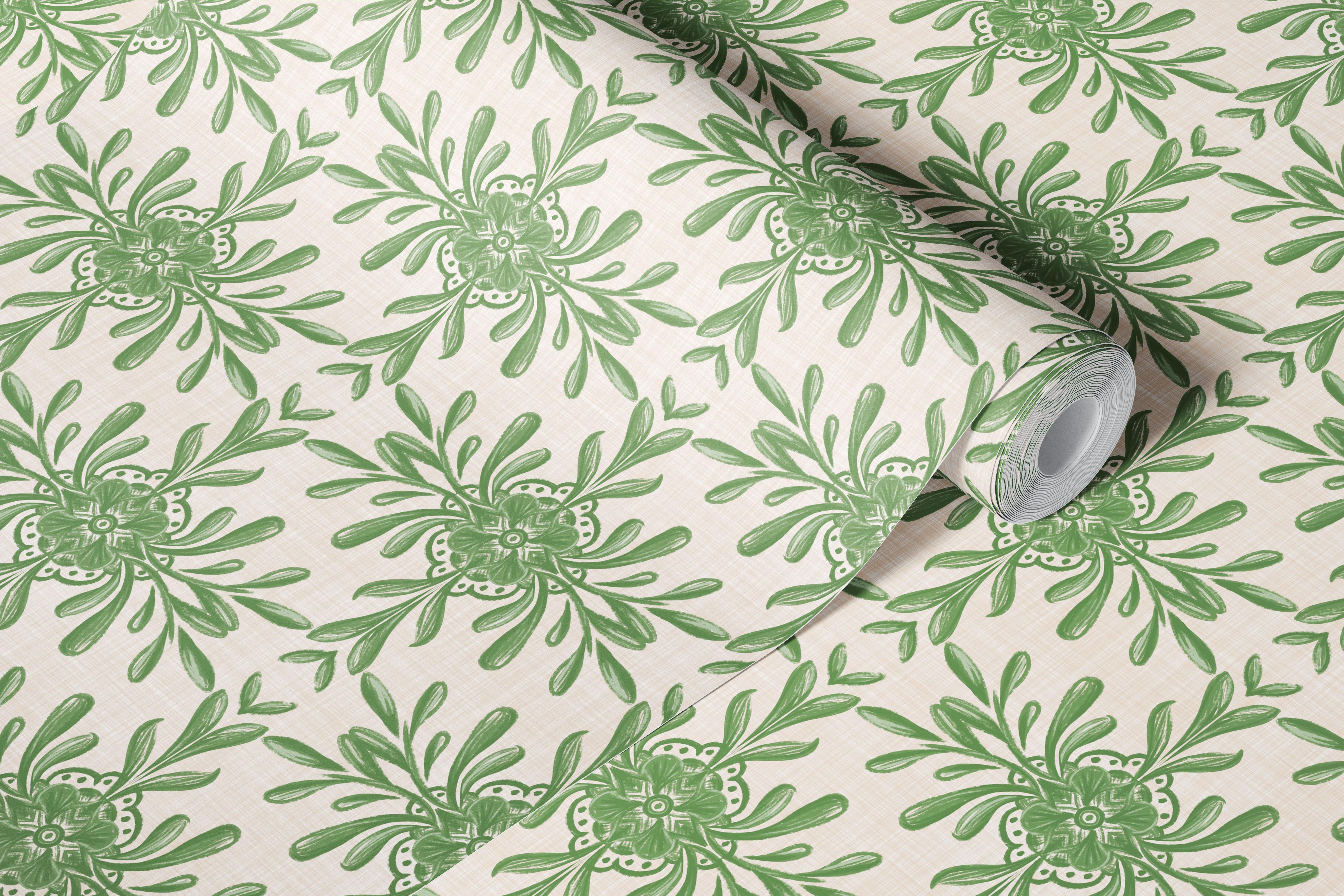 Chic green leaf pattern wallpaper in a room