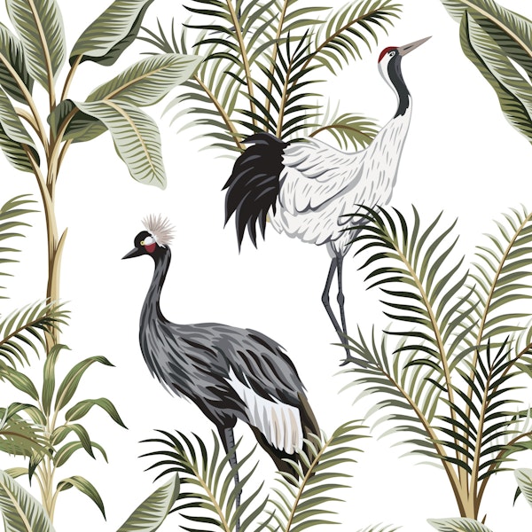 Exotic Floral and Crane Print