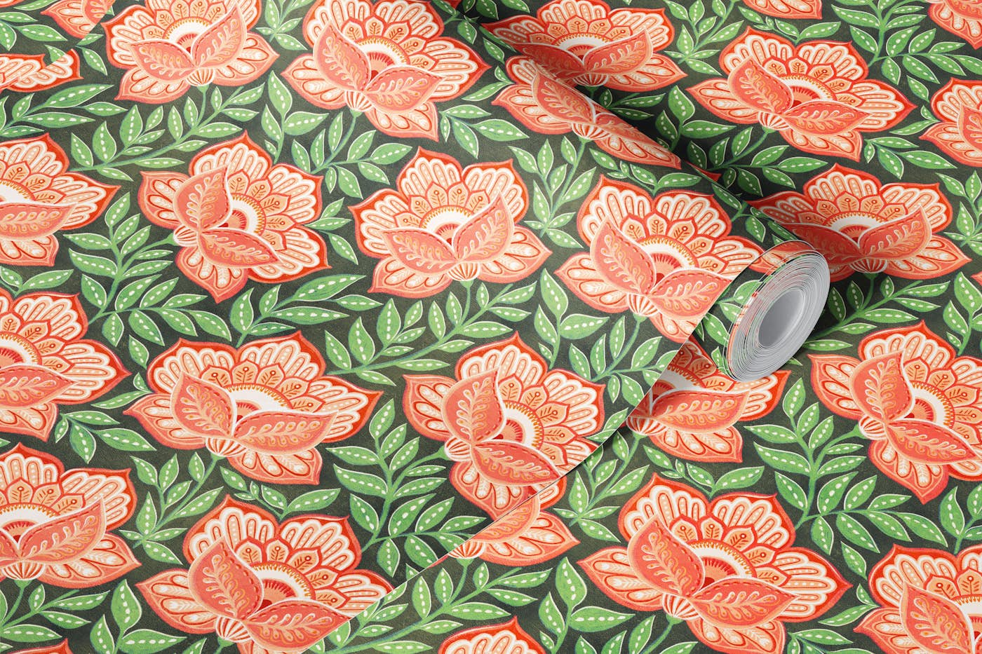 Boho Peach Coral Chintz Floral in Green Small wallpaper roll