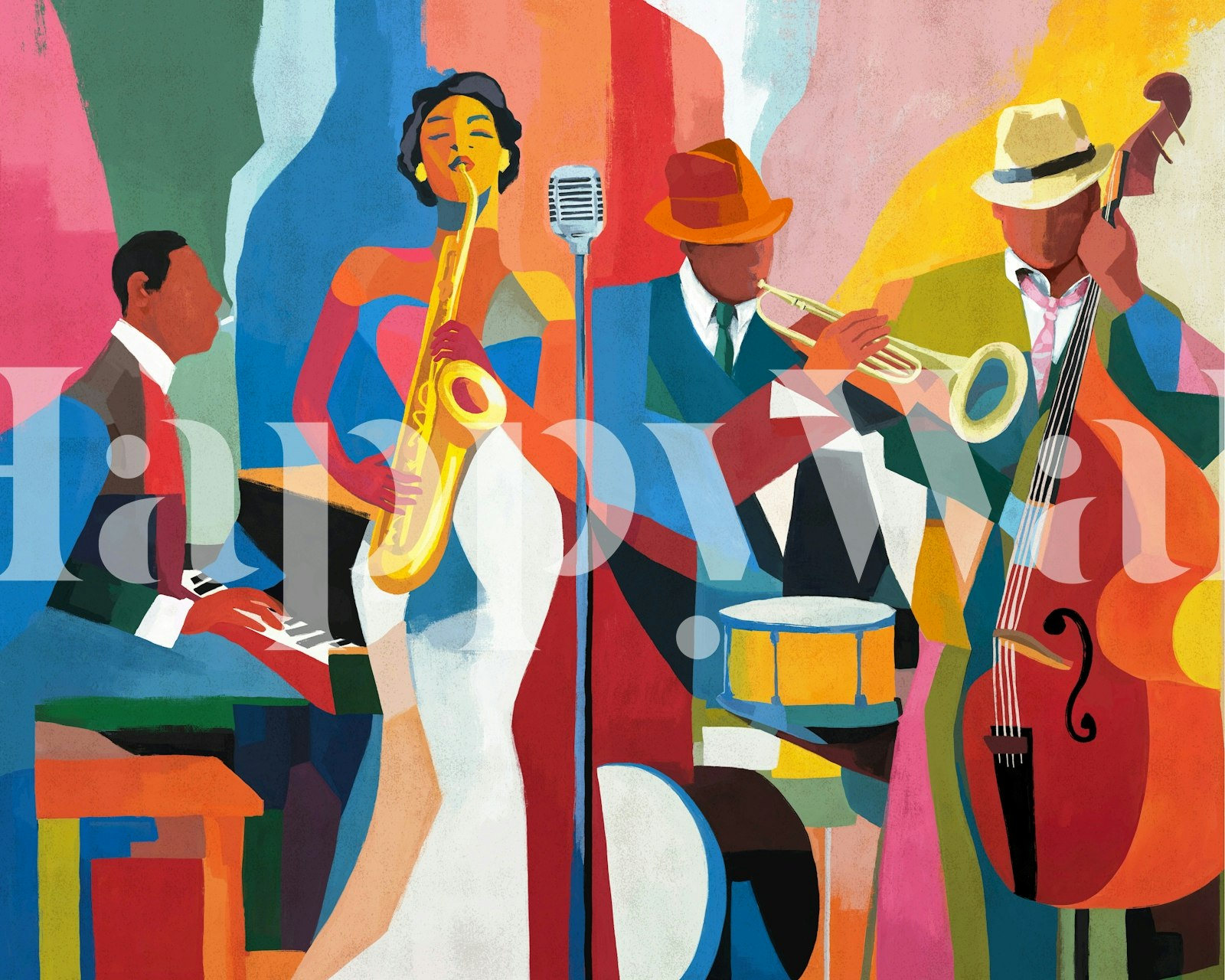 Jazz Fever textured papel tapiz en una habitación colorida