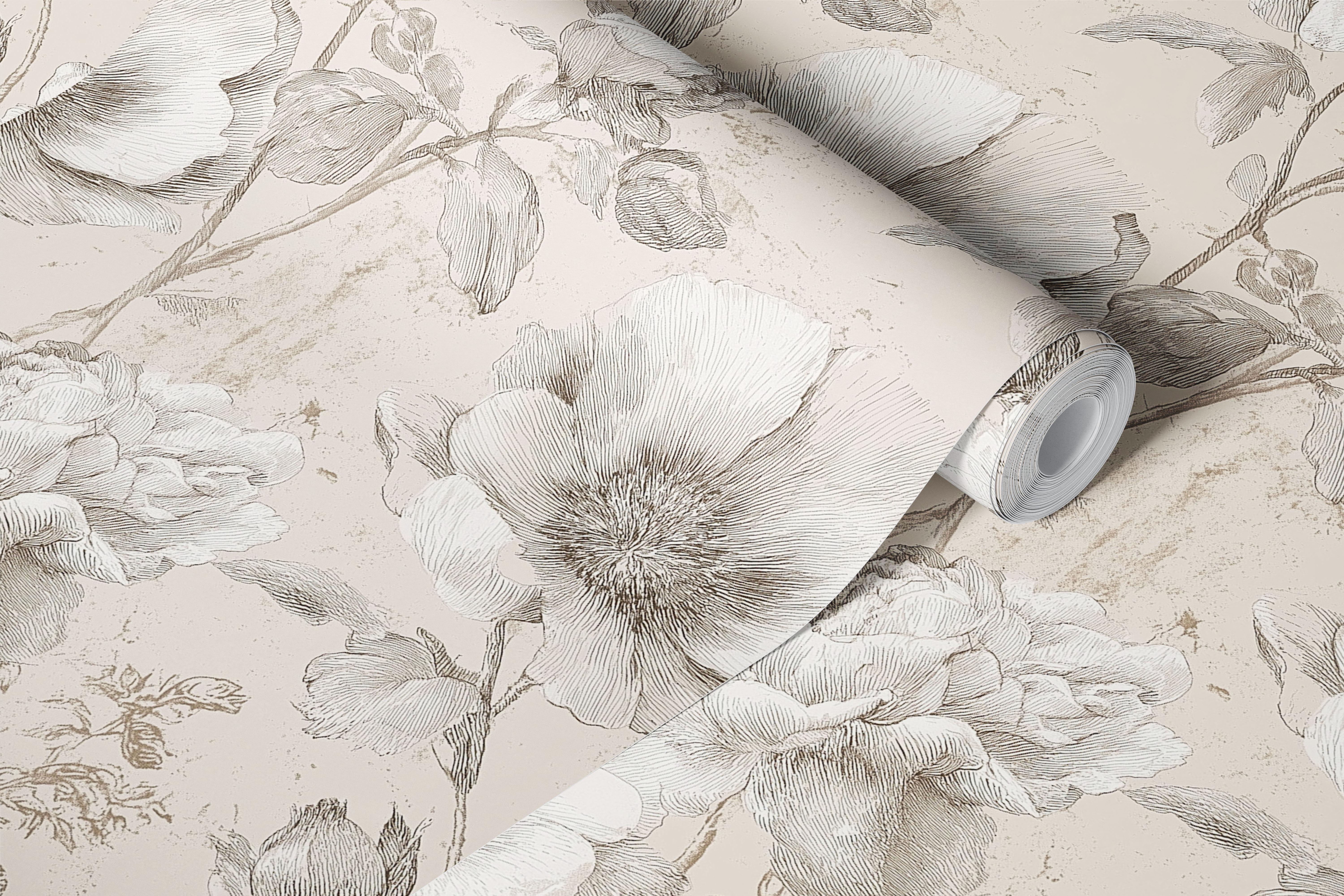 Floral design in soft gray tones on beige wallpaper