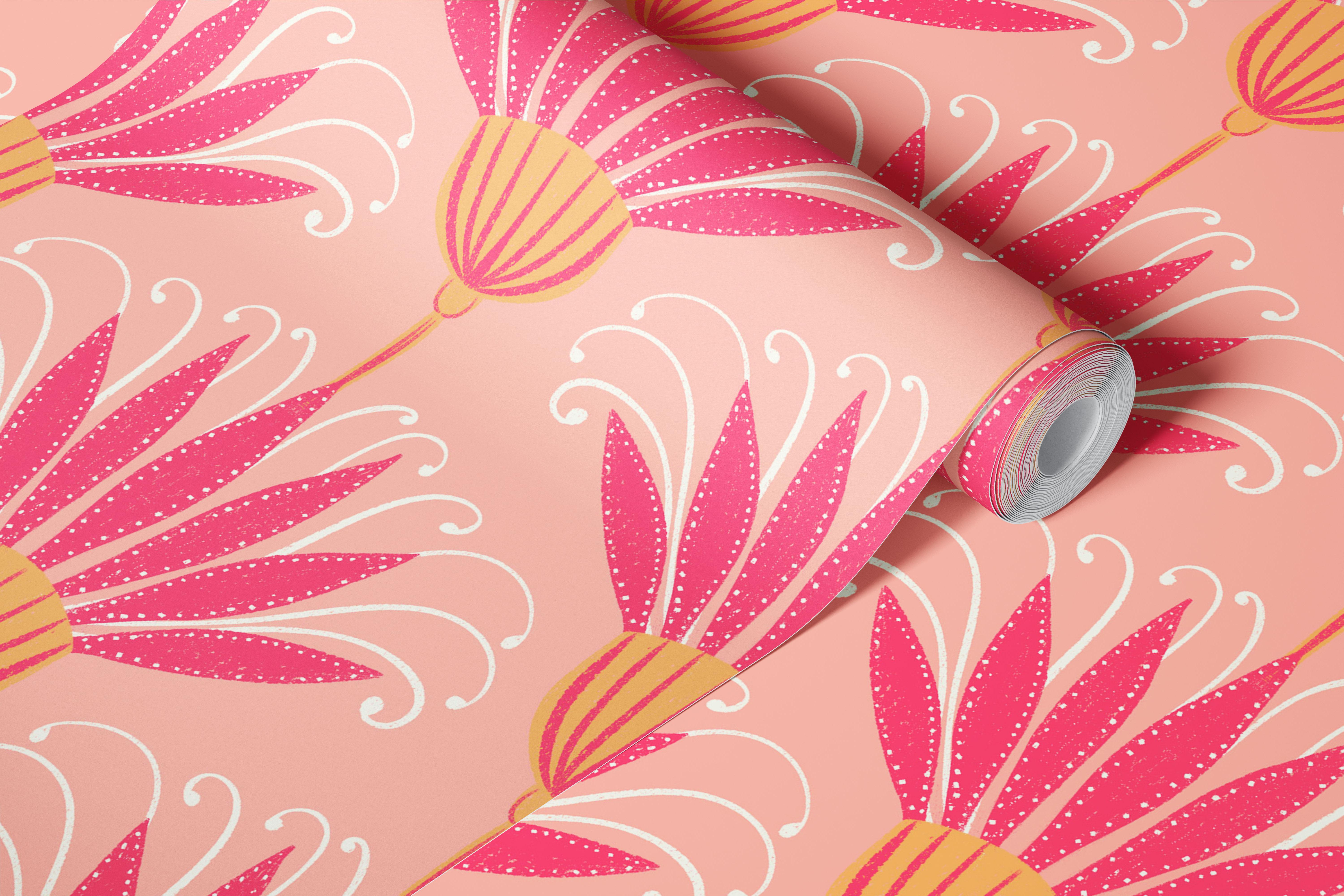 Pink Floral Art Deco Wallpaper