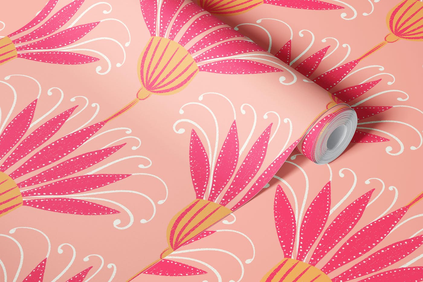 Pink Floral Art Deco Flowers Cute Retro Flora wallpaper roll