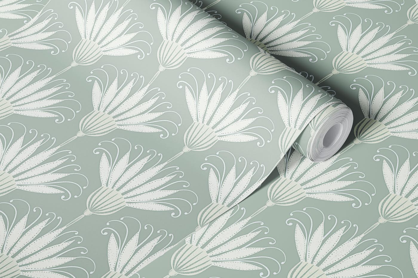 Retro Light Green Floral Sage Green Flowers wallpaper roll