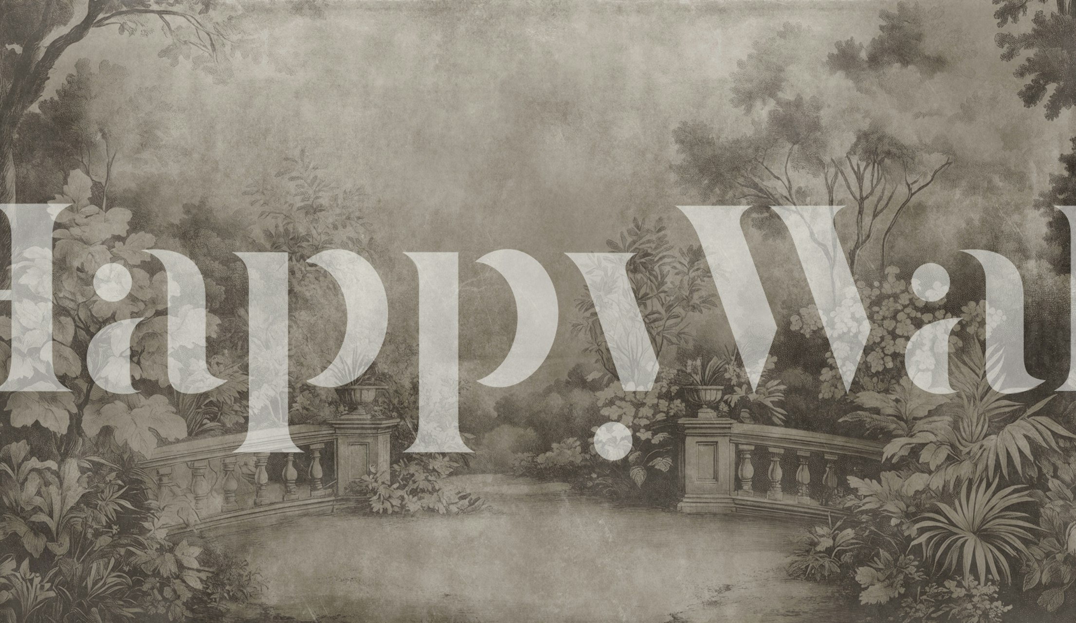 Vintage garden scene with lush foliage and gentle tones wallpaper