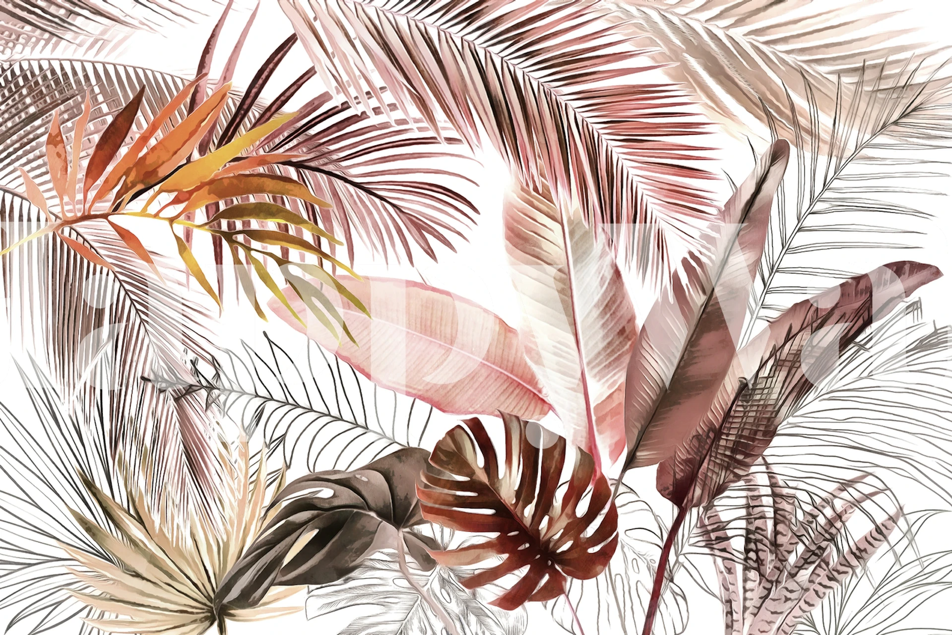 Elegant Tropical Foliage Wall Mural with a mix of Palm Leaves and Botanical Elements