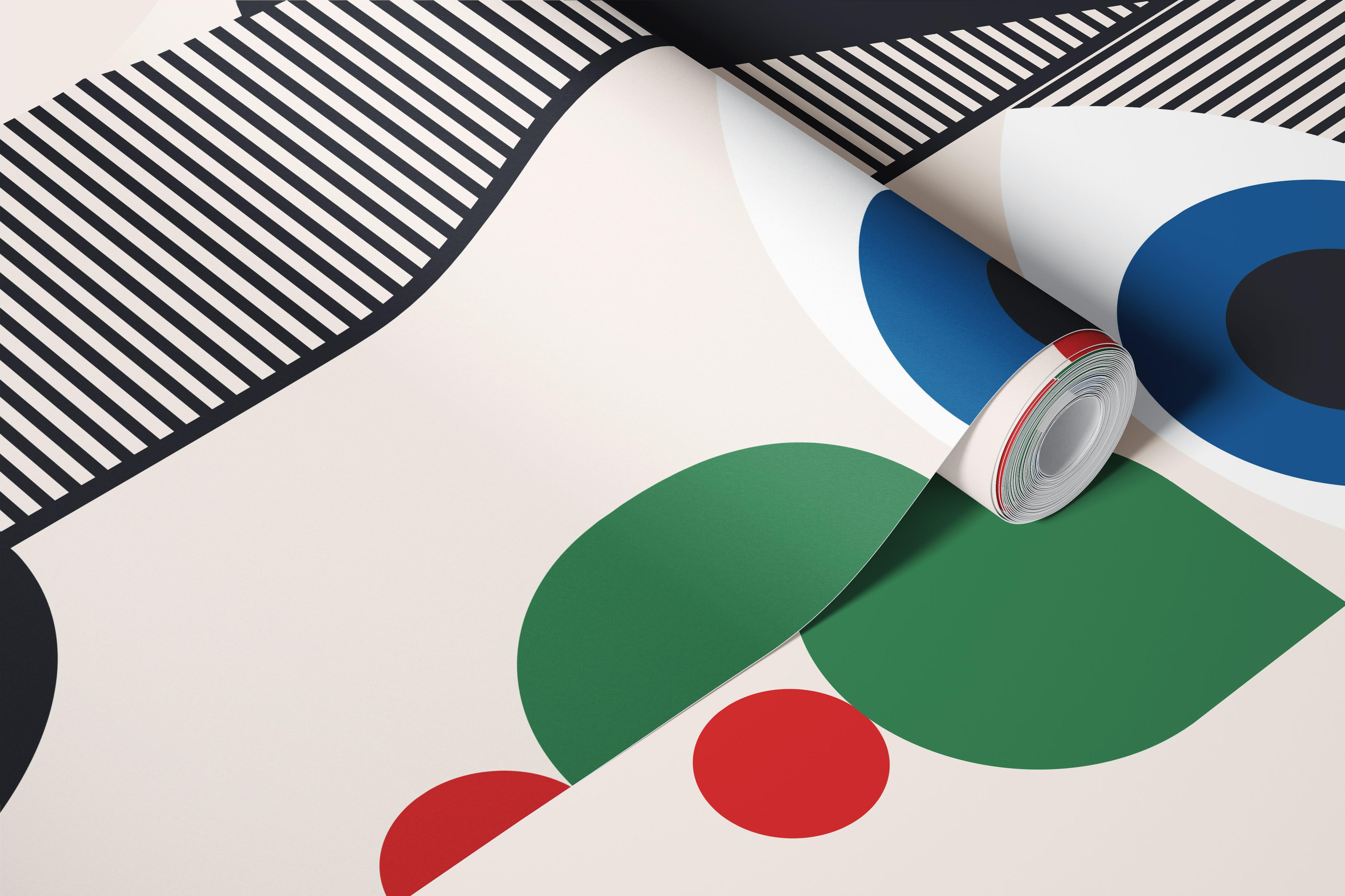 Abstract geometric shapes in green, blue, and red on a light background wallpaper