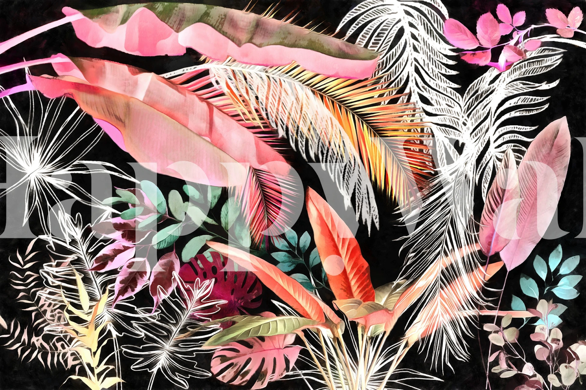 Exotiska tropiska lövverk tapet med livfulla rosa, gröna och orange löv på en svart bakgrund
