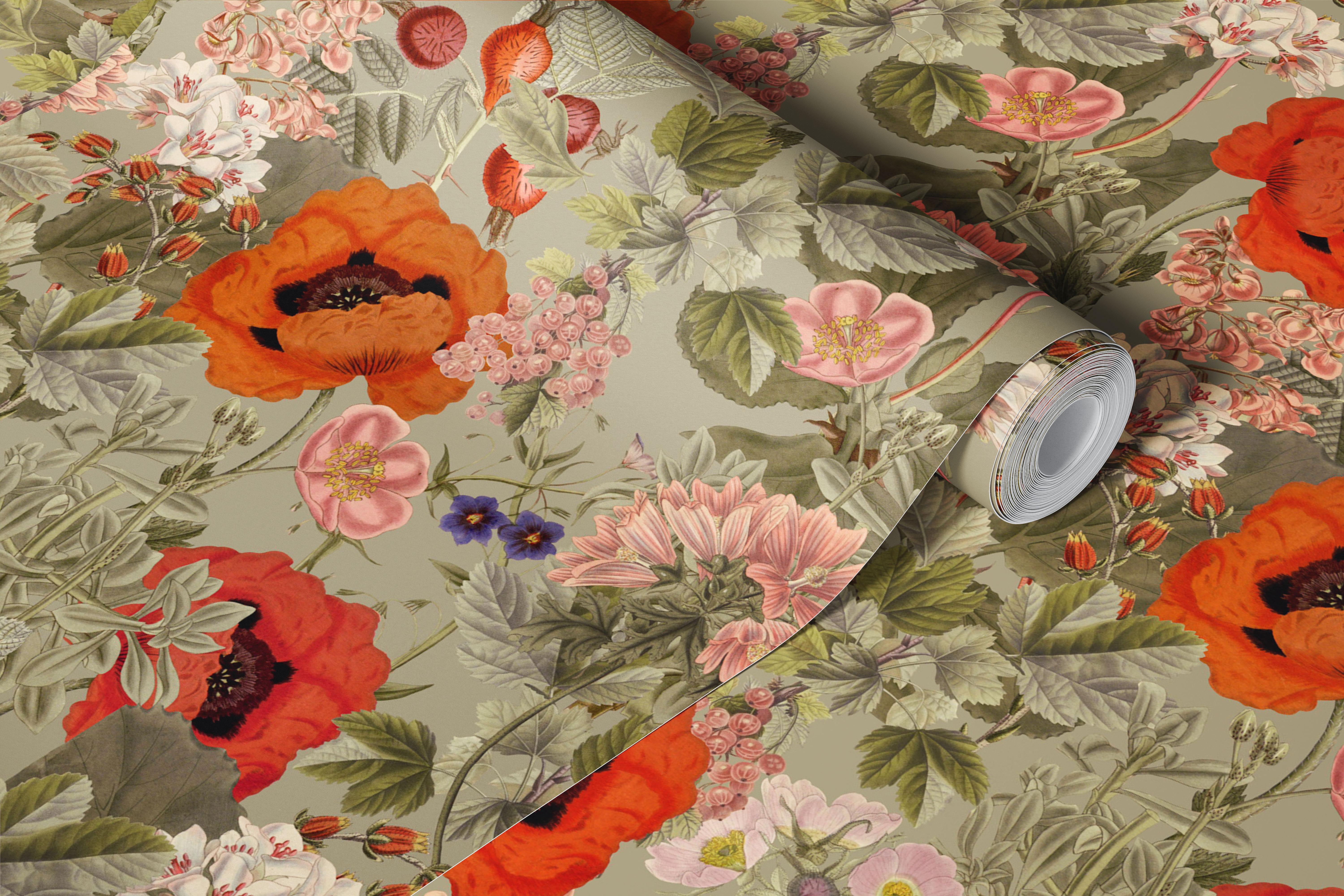 Poppy floral patterns with bright orange and pink flowers on green background wallpaper