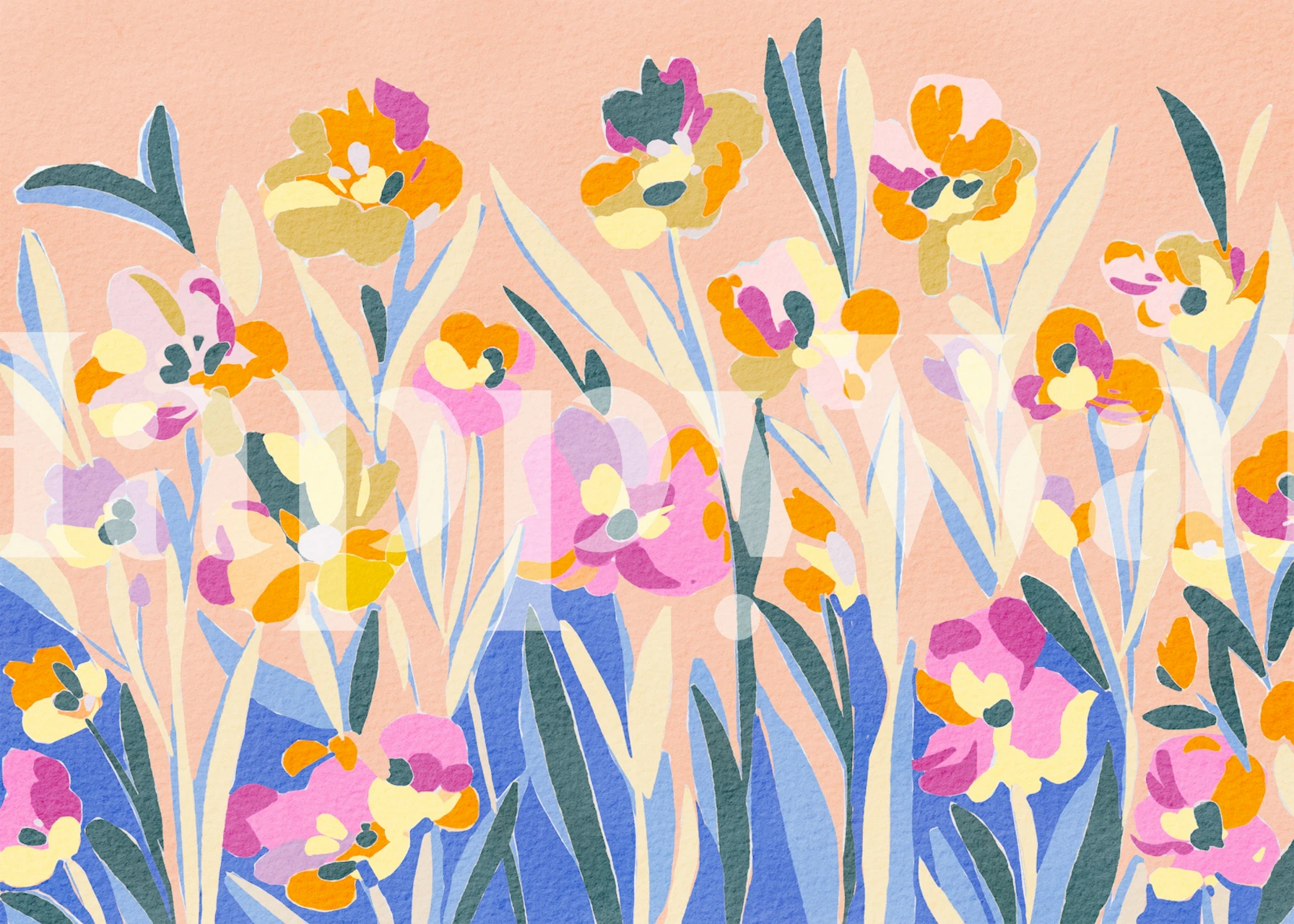 Colorful floral patterns with pink, orange, and green on a light background wallpaper