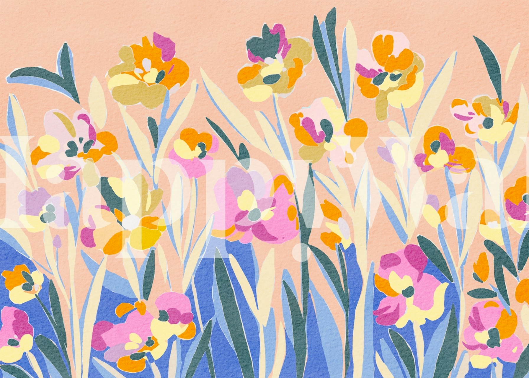 Colorful floral patterns with pink, orange, and green on a light background wallpaper