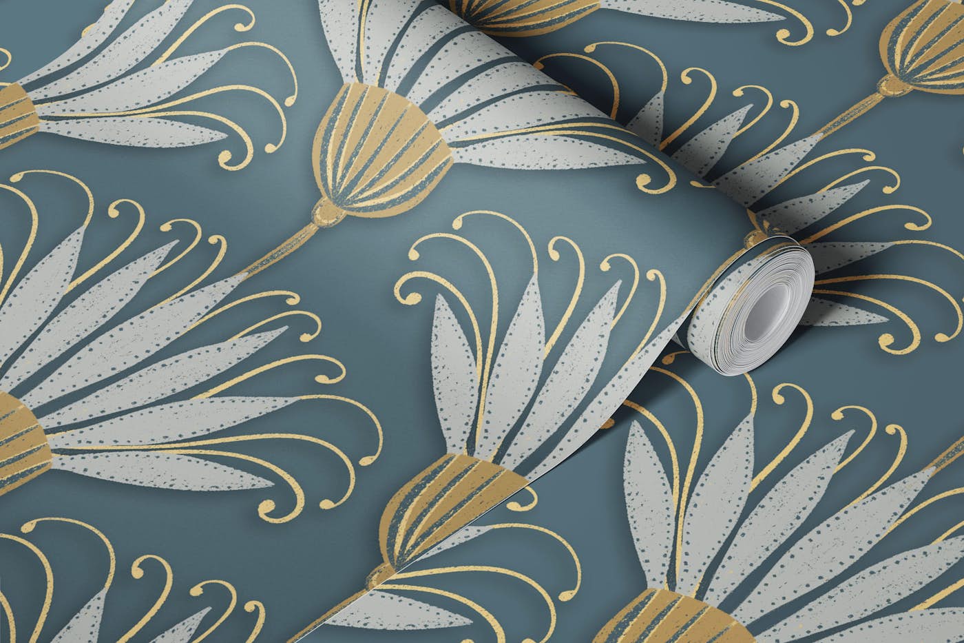 Large Elegant Gray Floral Retro Geo Flowers wallpaper roll