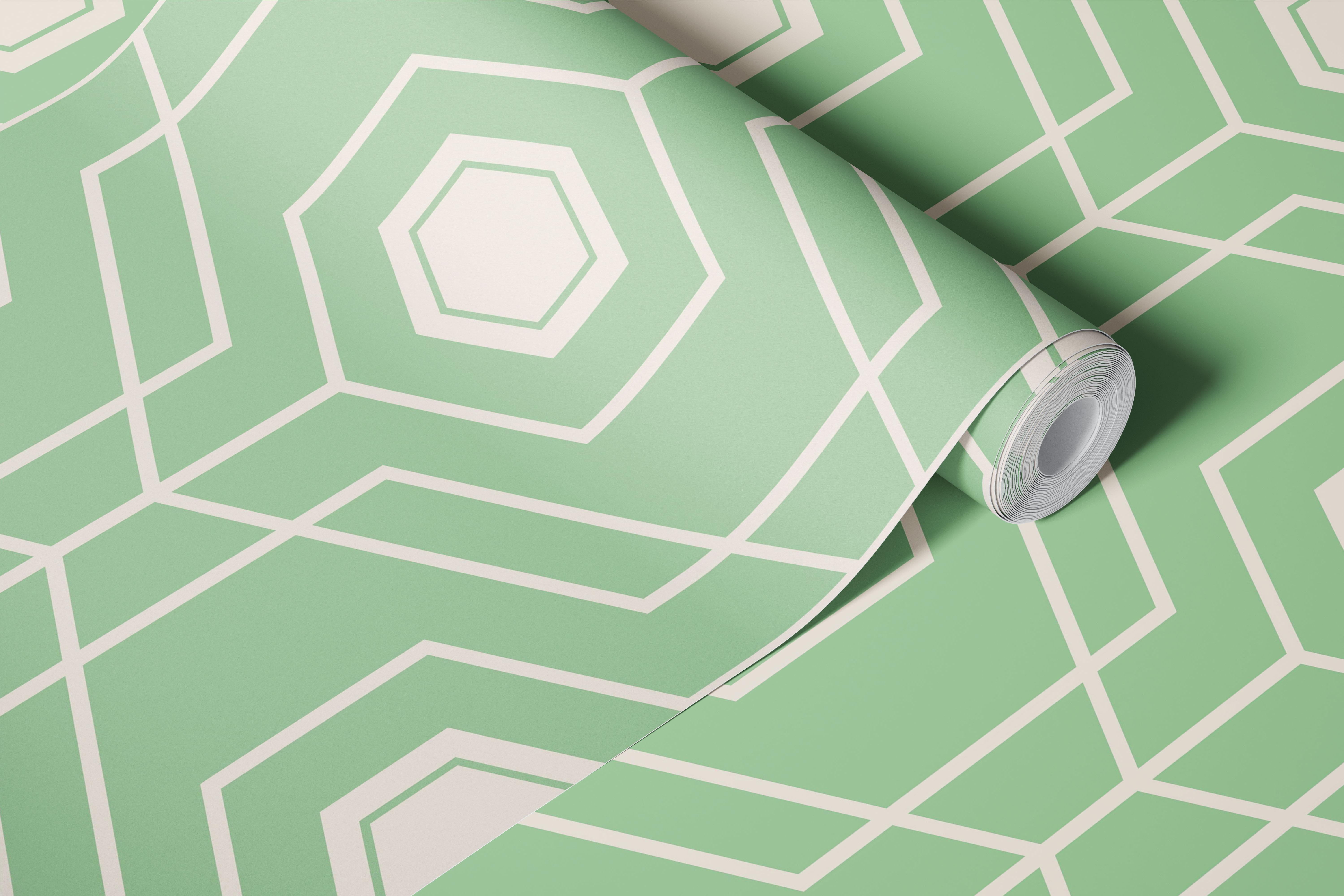 Vintage green and beige honeycomb wallpaper in a room