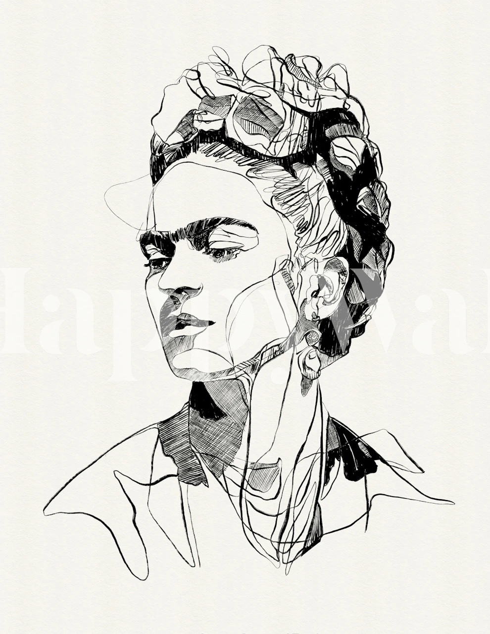 Frida Kahlo line art portrait in black and white wallpaper