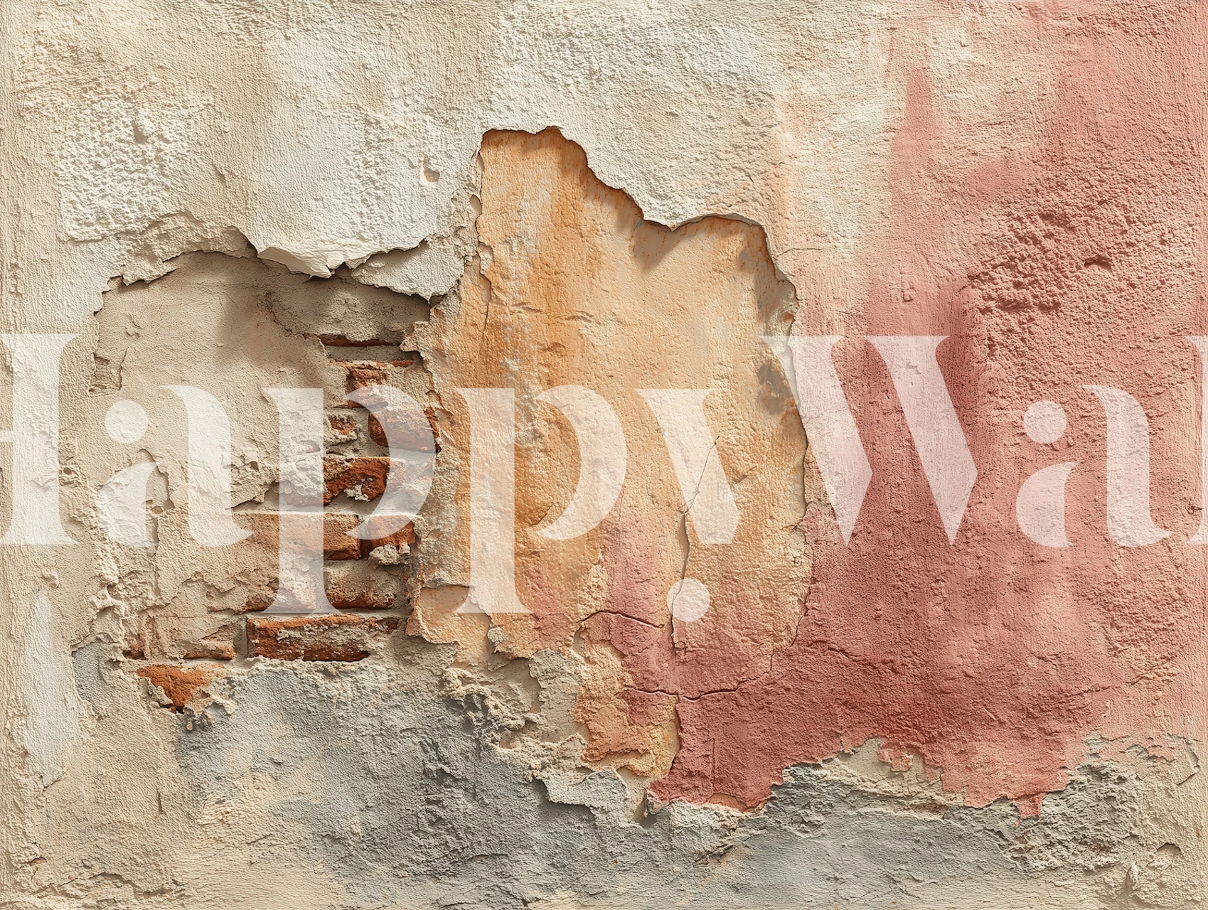 Vintage rustic wallpaper featuring exposed brick and textured plaster in warm earthy colors.