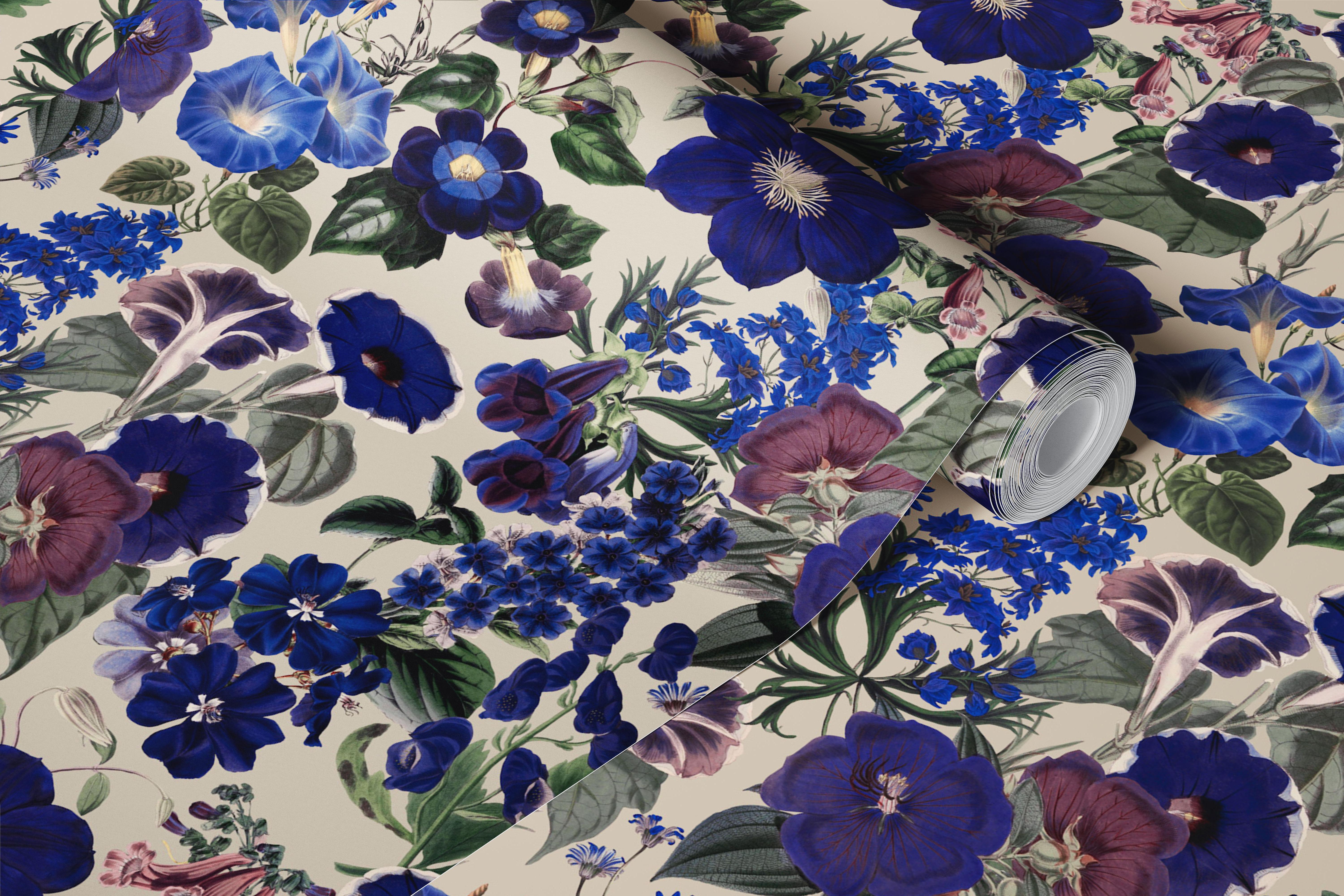 Blue floral patterns with green leaves on light background wallpaper