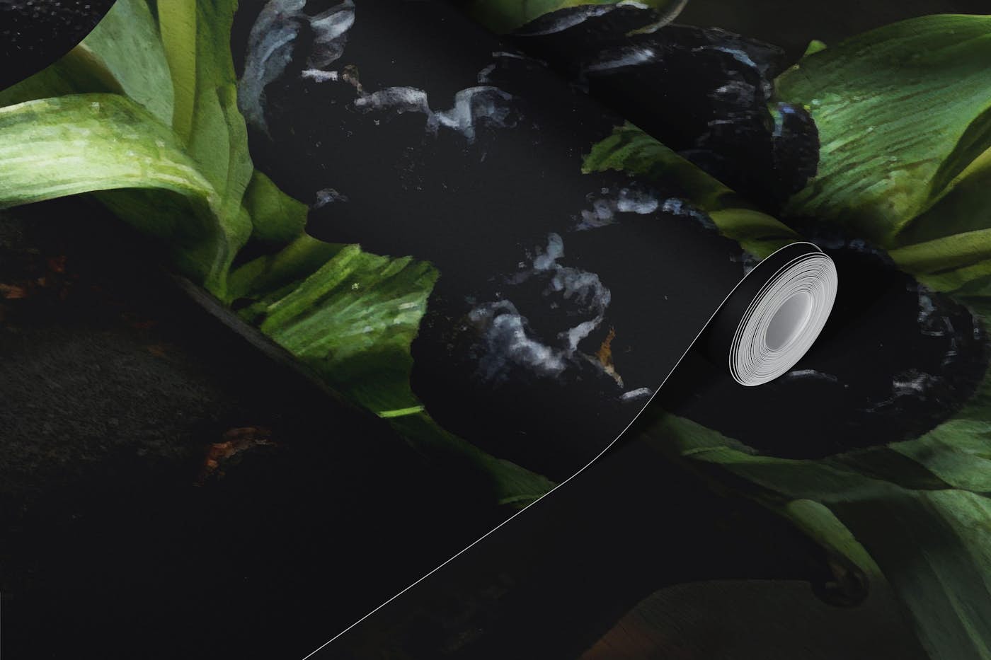 Black Tulips in Aged Metal Rustic Still Life wallpaper roll