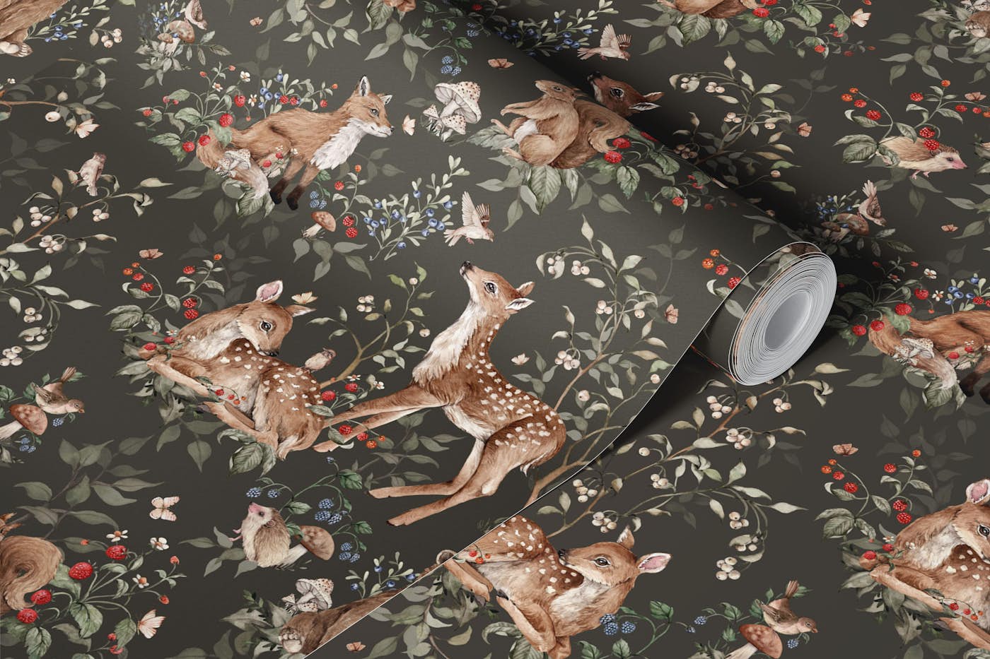 Woodland Animals dark small wallpaper roll