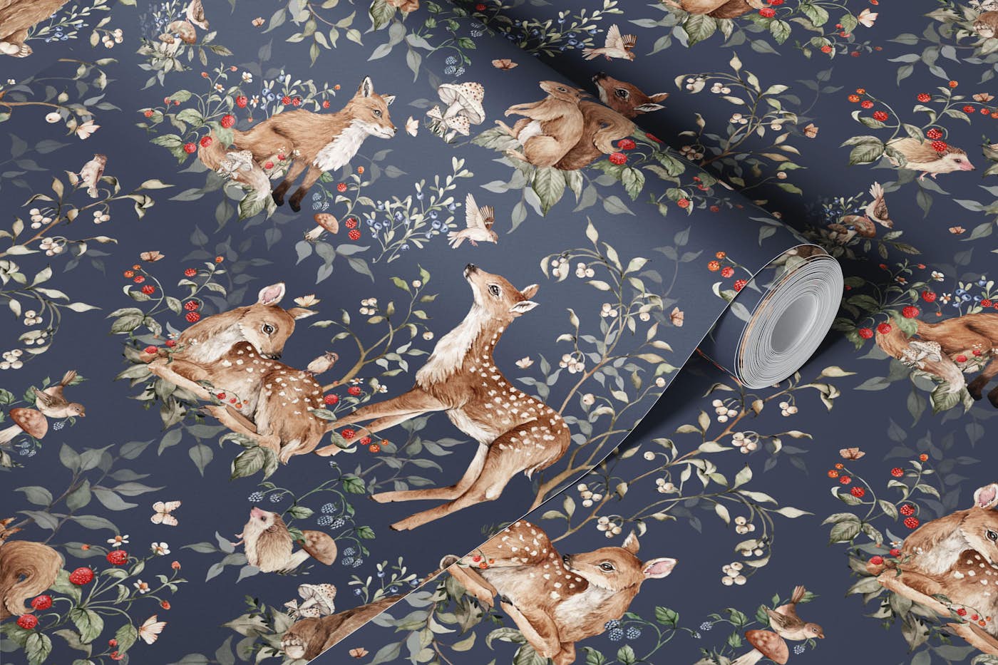 Woodland Animals navy small wallpaper roll