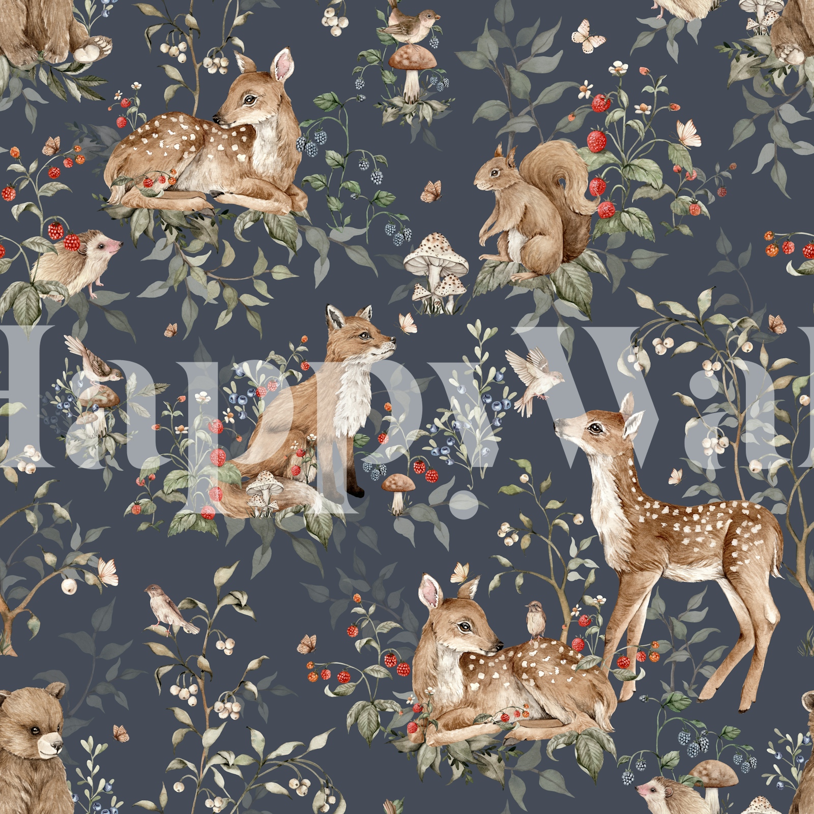 Woodland animal wallpaper navy - HappyWall