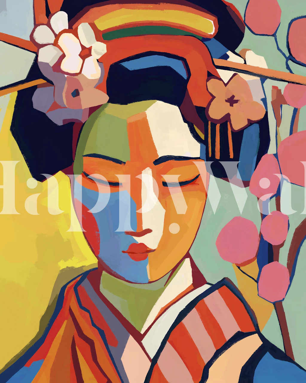 Colorful Japanese geisha portrait with floral accents wallpaper