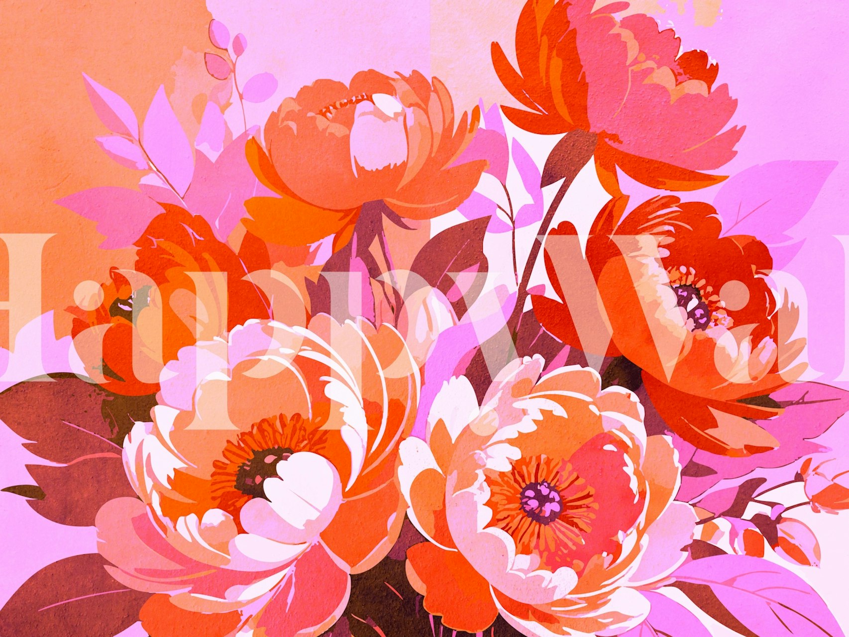 Orange pink floral mural wallpaper design
