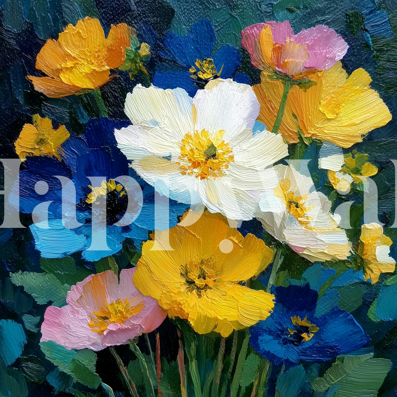 Colorful flowers in blue, yellow, pink, and white on a dark background wallpaper