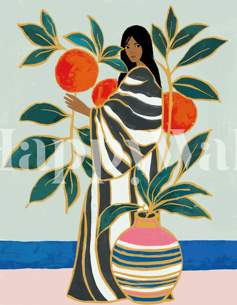 Woman holding oranges surrounded by foliage, colorful wallpaper