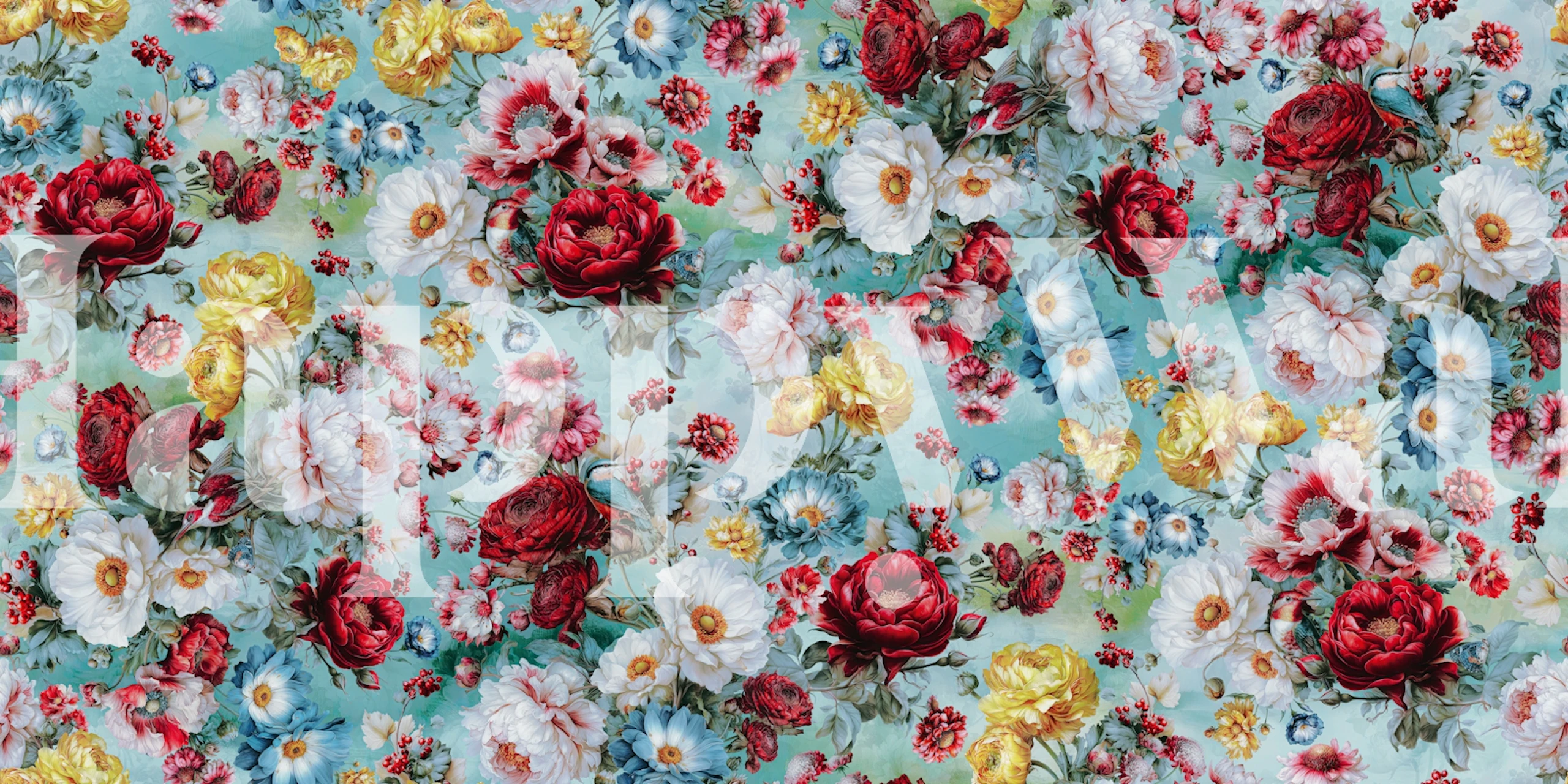 Vibrant floral pattern featuring roses and daisies in red, yellow, blue on teal wallpaper