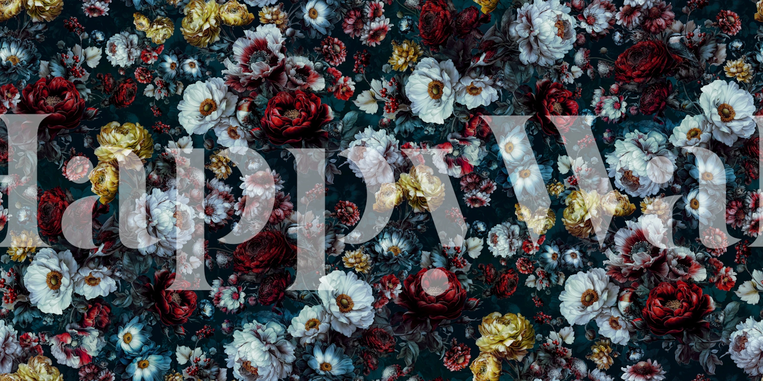 Dark floral wallpaper featuring red, white, and yellow flowers on a deep background