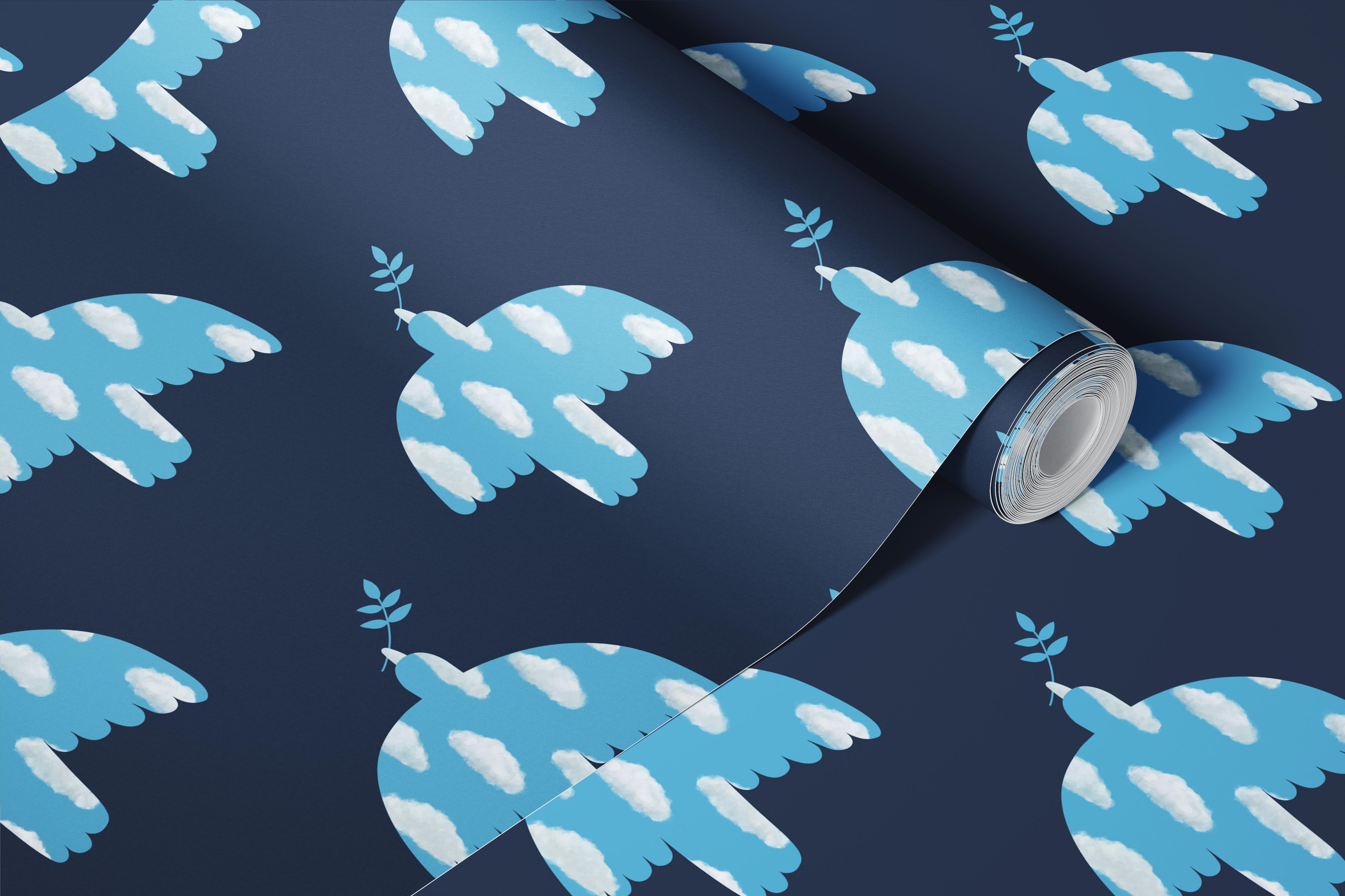 Doves with cloud patterns on navy blue wallpaper