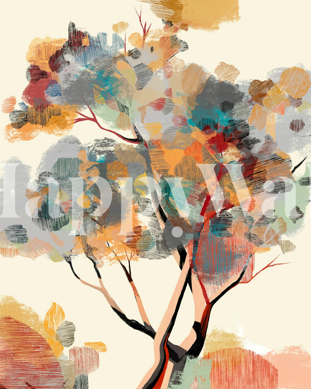 Colorful autumn tree wallpaper in a room