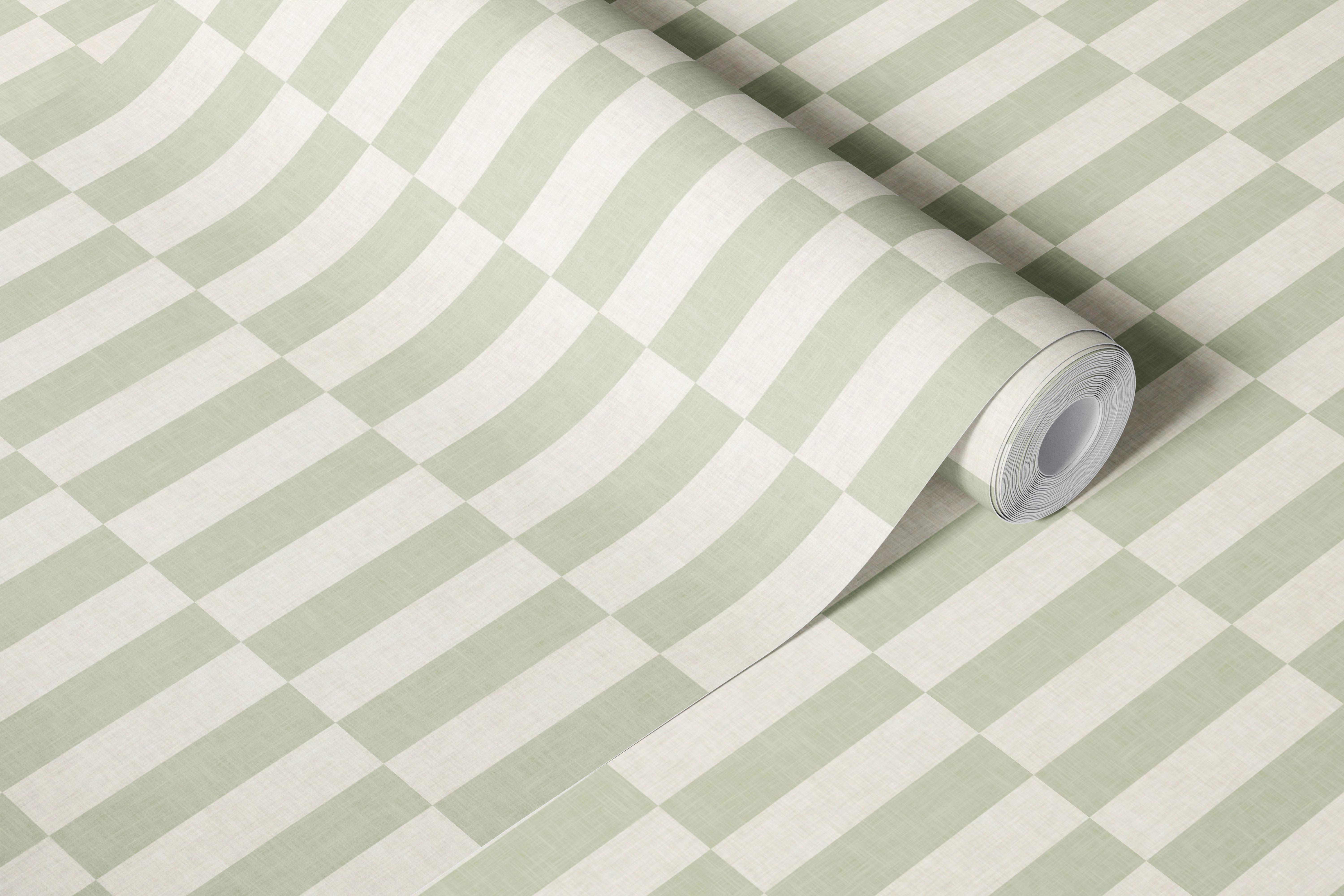 Textured geometric green and beige striped wallpaper