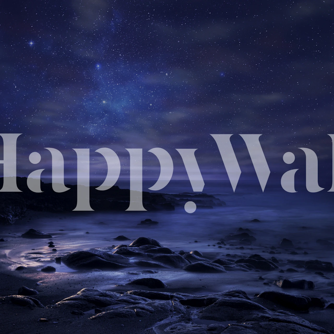 Nighttime seascape wall mural with starry sky and moonlit rocks