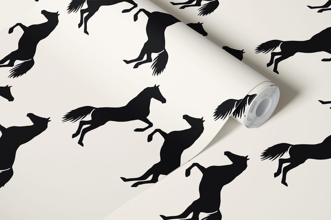 Bold black and ivory equestrian horses wallpaper roll