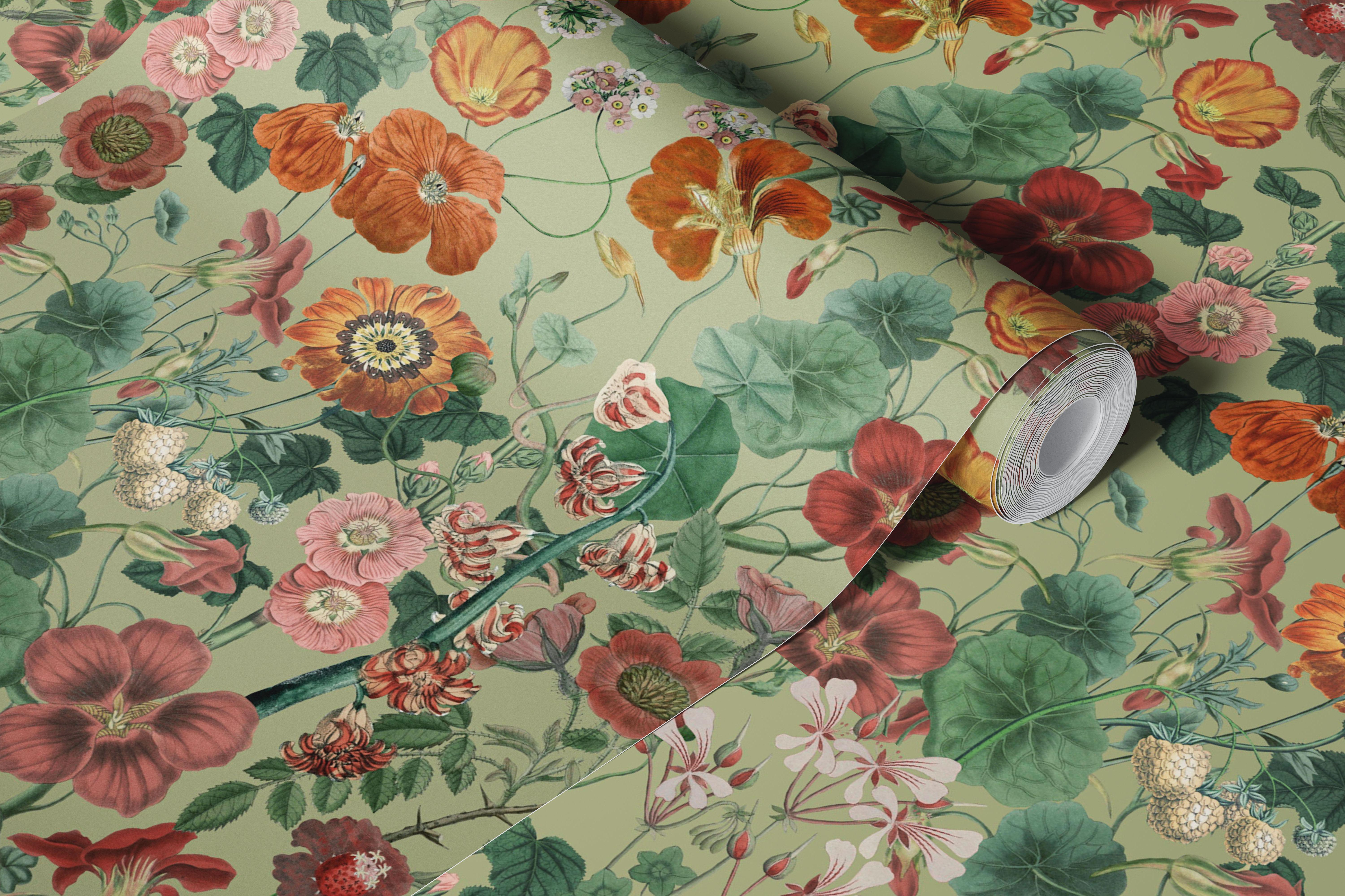 Floral patterns featuring diverse colors on green background wallpaper