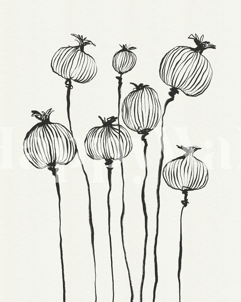 Black and white floral sketch wallpaper with tall poppy pod designs.
