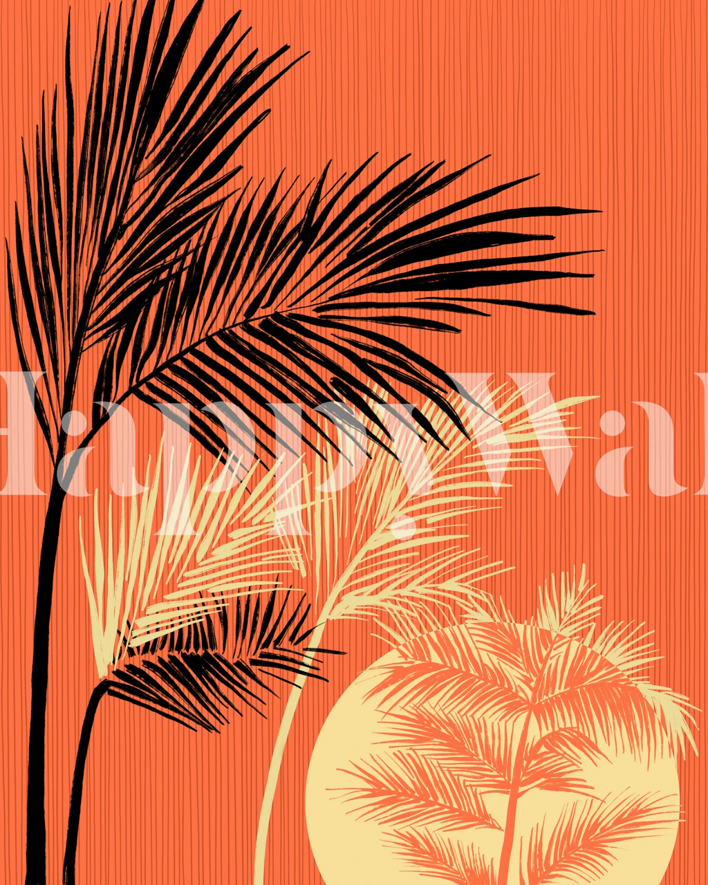Tropical palm trees silhouette against a bright orange sunset wallpaper