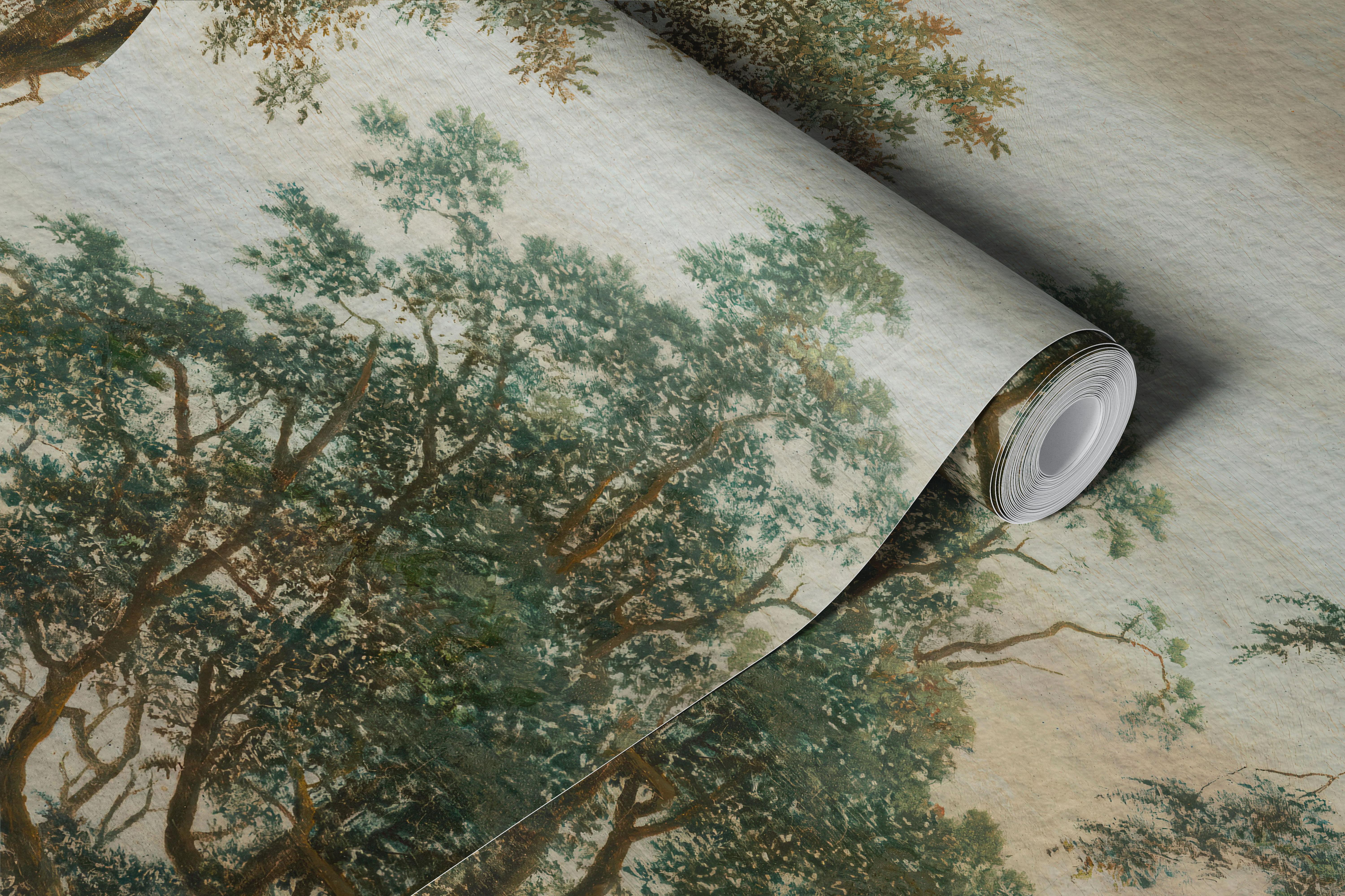 Vintage forest painting wallpaper in a room
