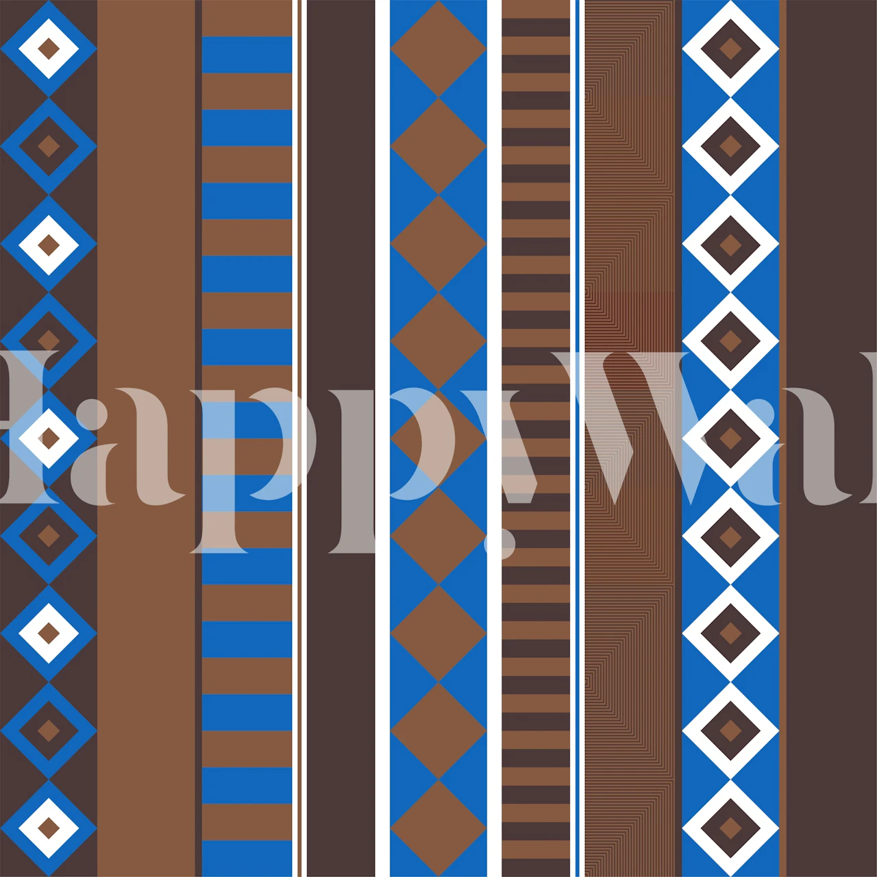 Geometric tribal pattern in blue, brown, and white wallpaper